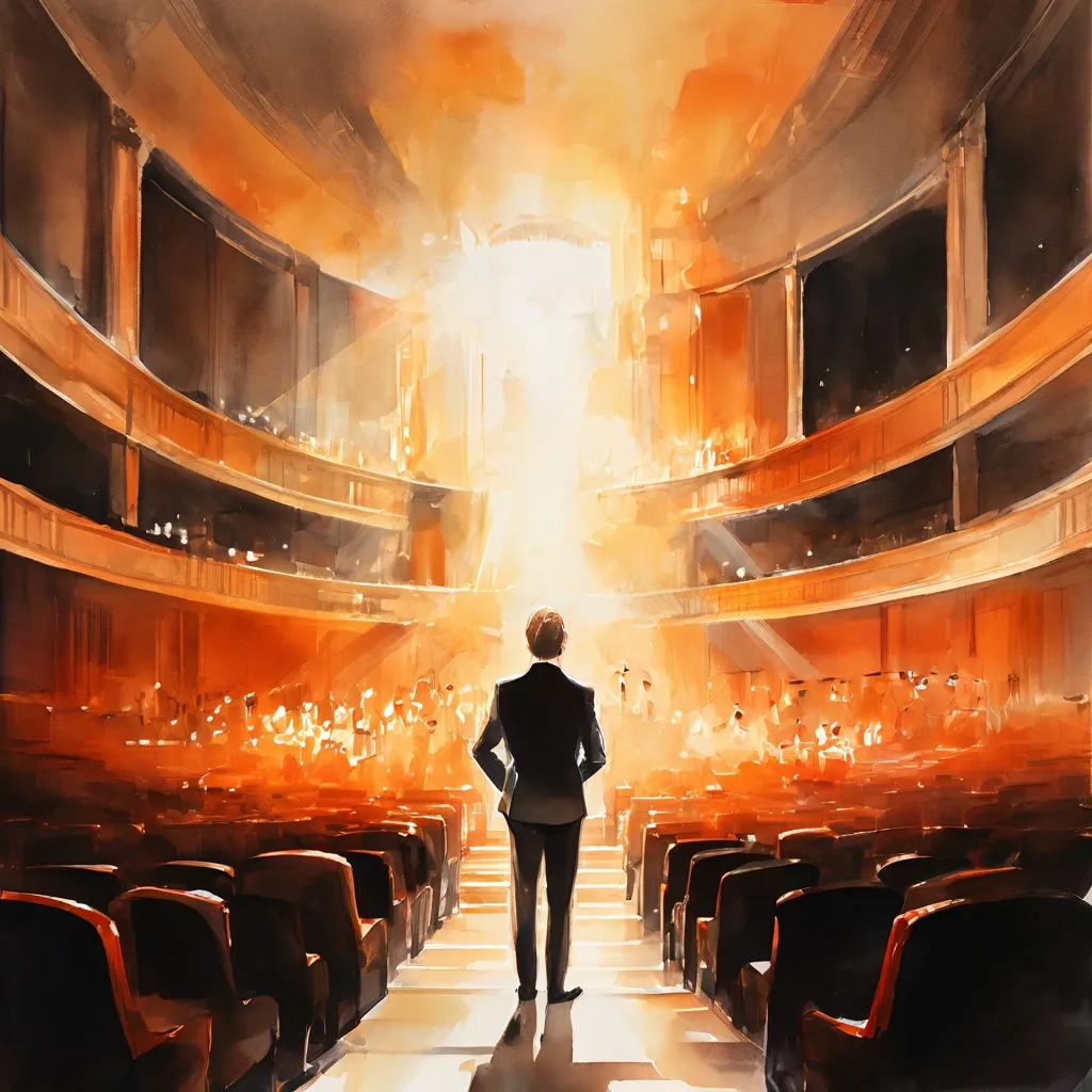 Artistic depiction of a classical music director in a grand concert hall, representing the leadership at Mozart's Birthplace.