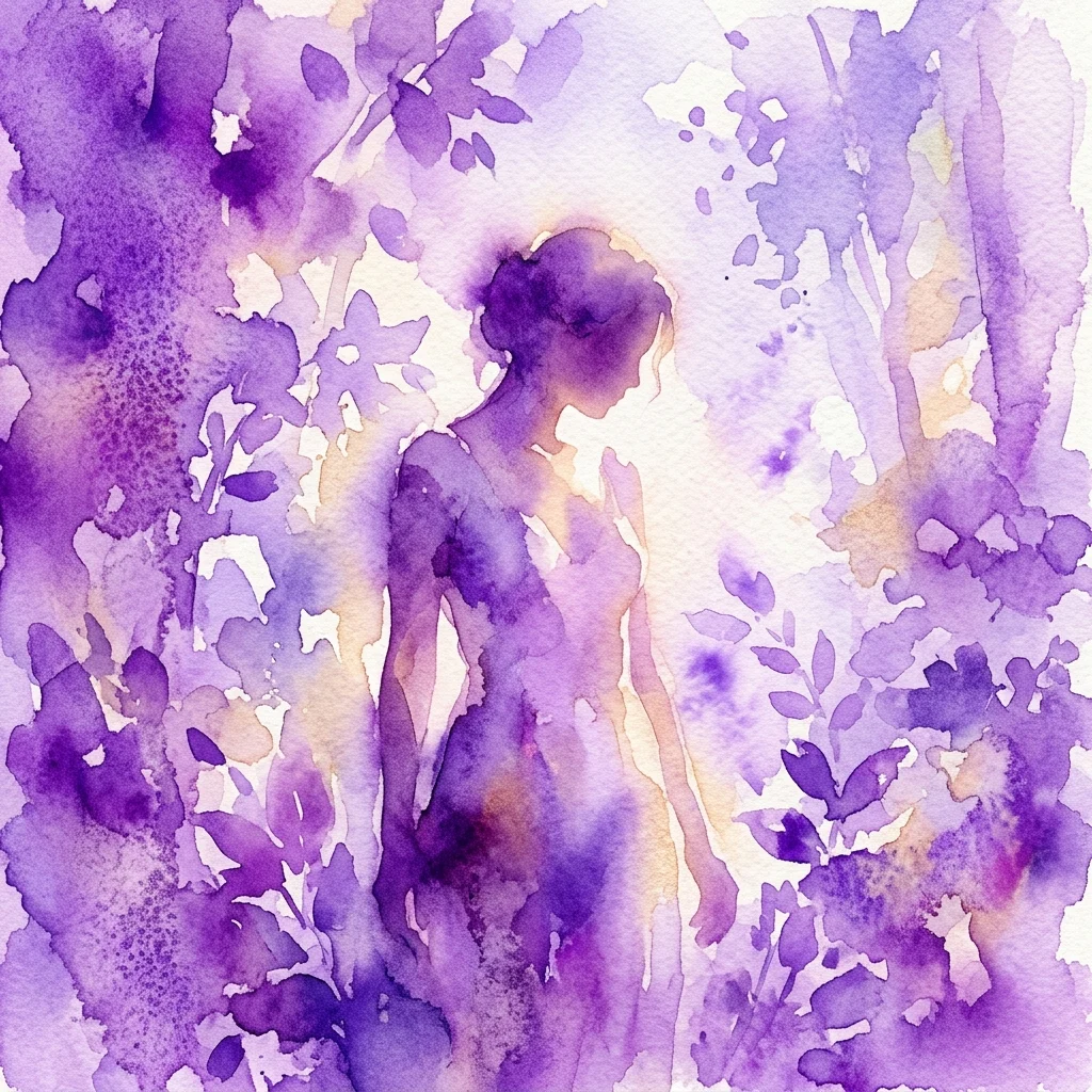 Ilustración en acuarela de una silueta femenina desnuda rodeada de follaje púrpura, que representa los temas poéticos e íntimos de la exposición de Mona Kuhn.