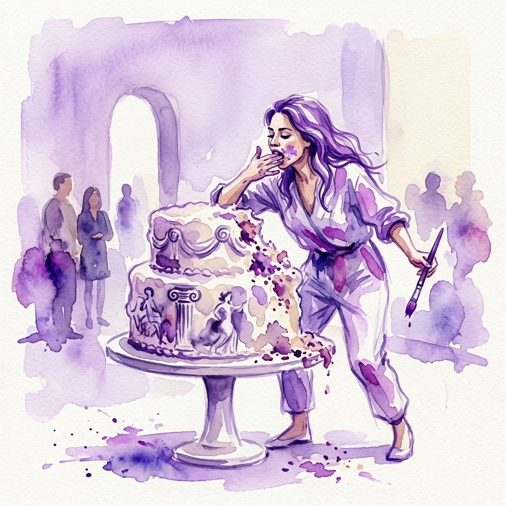 Ilustración en acuarela de una mujer comiendo un pastel de varios niveles con motivos clásicos mientras sostiene un pincel, que representa la exposición My Slice of the Cake.