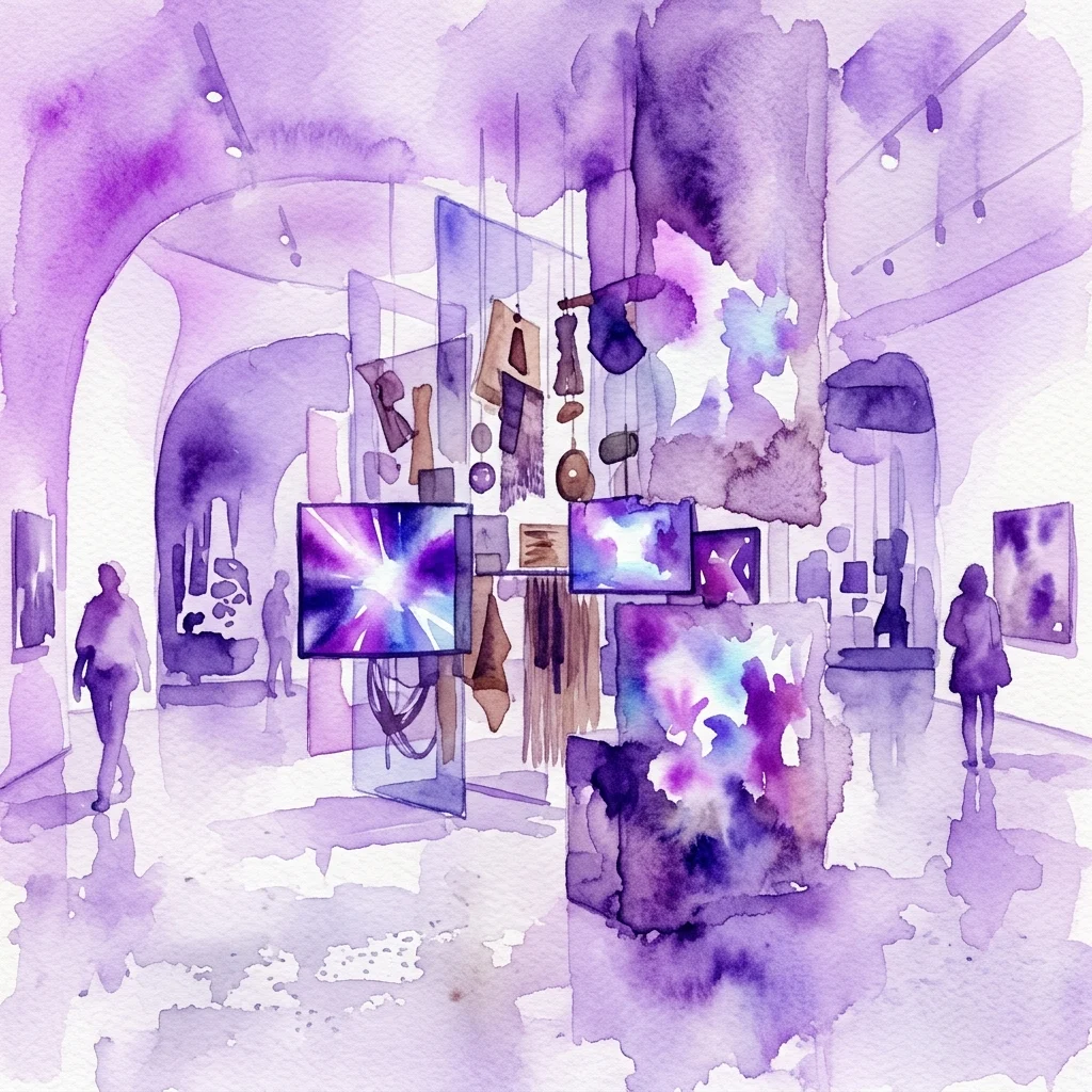 Ilustración en acuarela del interior de una galería de arte moderno que muestra pantallas digitales, objetos físicos colgantes y siluetas de visitantes observando la exposición Omnimoda.