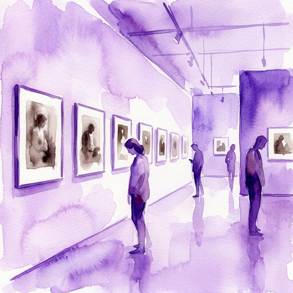 Ilustración en acuarela morada de visitantes observando retratos fotográficos enmarcados en una galería, representando la exposición Paz Errázuriz Poetics of Resistance.