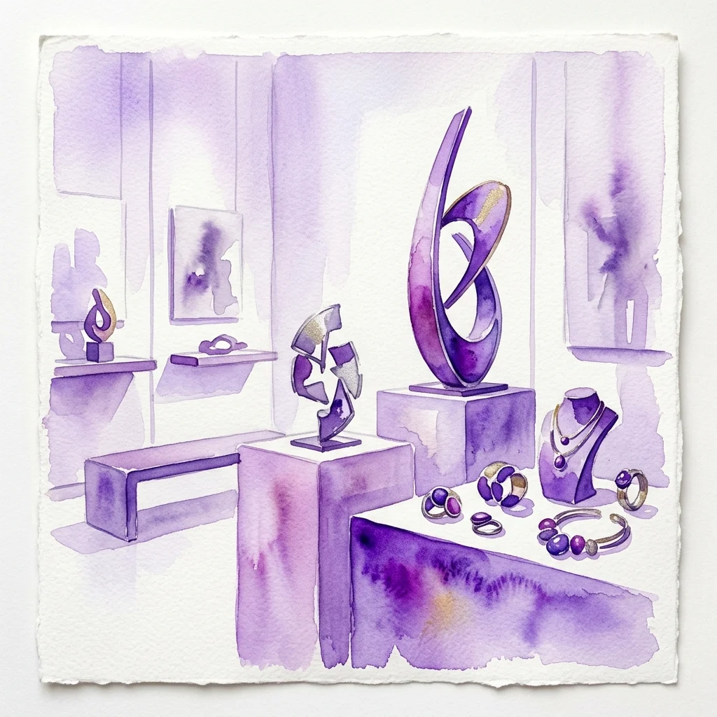 Ilustración en acuarela de una exposición de galería con esculturas modernas de metal morado y piezas de joyería exhibidas sobre pedestales.