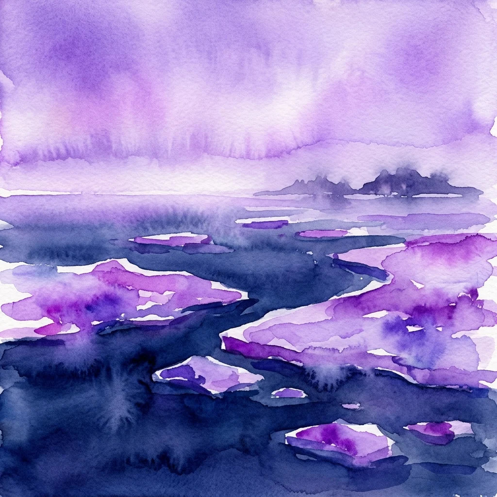 Acuarela de témpanos de hielo de color púrpura y azul flotando en aguas oscuras con siluetas de islas distantes bajo un cielo violeta.