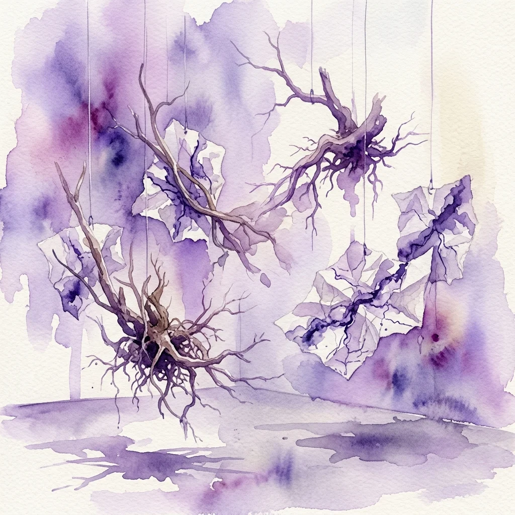 Ilustración de ramas secas y raíces suspendidas con formas de papel arrugado sobre un fondo de acuarela morado para la exposición The Weight of Fragility.