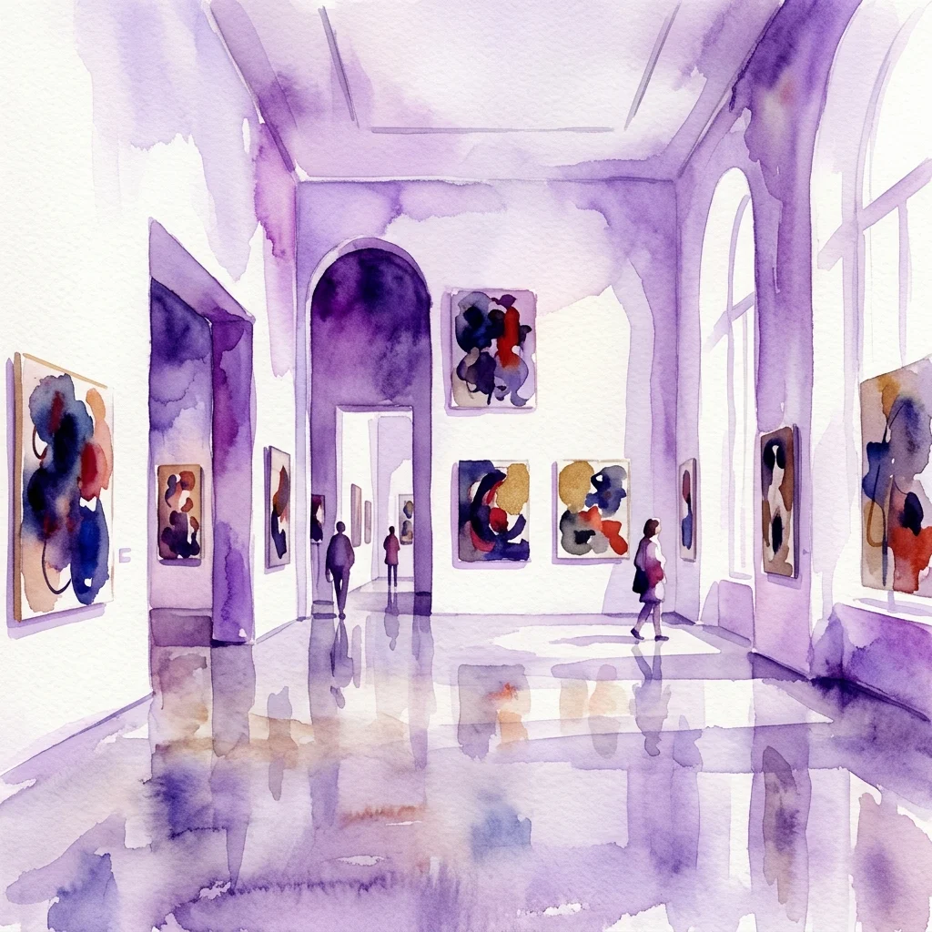 Una ilustración en acuarela del interior de una galería de museo que presenta puertas arqueadas, pinturas abstractas en las paredes y visitantes explorando el espacio de exposición.