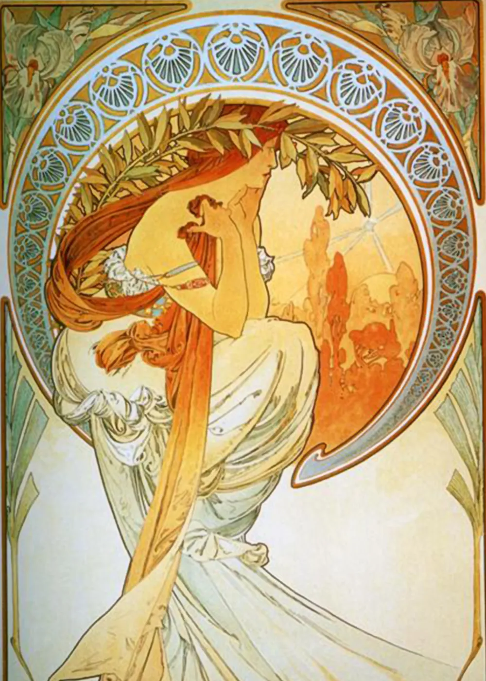 Art Nouveau schilderij van een vrouw met lang rood haar en bloemdecoraties