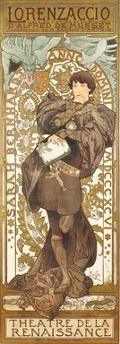 Art Nouveau-poster met een centrale figuur in historische kleding die een boek vasthoudt, omringd door ingewikkelde bloemmotieven en tekst met de opschriften 'Lorenzaccio', 'Sarazin Berthier' en 'Theatre de la Renaissance'.