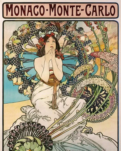 Art Nouveau-poster met een vrouw omringd door bloemen en de tekst MONACO-MONTE-CARLO