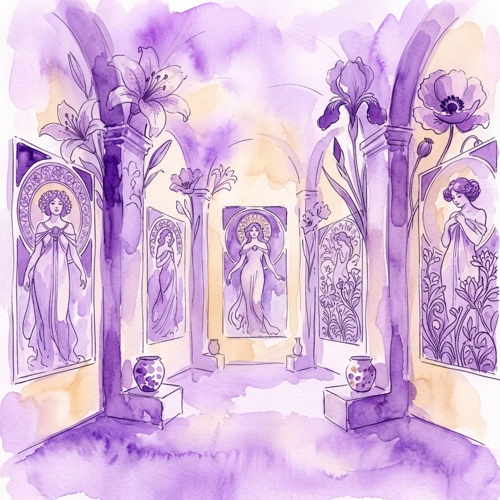 Art Nouveau-galerij met paars getinte schilderijen van elegante vrouwen, florale motieven en decoratieve panelen van Alfons Mucha, tentoongesteld in een museumexpositieruimte.