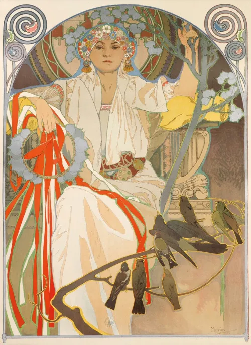 Een vrouw in een witte jurk met bloemenhoofddeksel zit met een krans en vogels, omringd door sierlijke Art Nouveau-patronen en krullen.