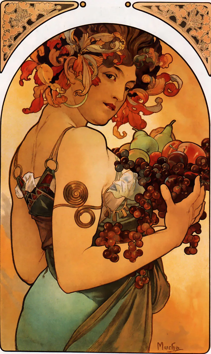 A woman with red hair and flowers in her hair holds a cluster of grapes and pears, surrounded by ornate Art Nouveau borders