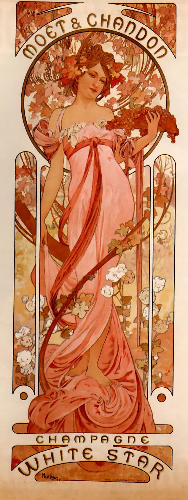 Art Nouveau-poster van een vrouw in een roze jurk met druiven, met de tekst 'Moët & Chandon Champagne White Star'