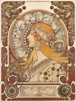 Art Nouveau-kunstwerk van een vrouw met lang blond haar en ingewikkelde bloempatronen