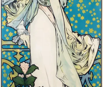 Art Nouveau poster featuring a woman in a white dress with flowing fabric and floral details against a blue background with yellow stars