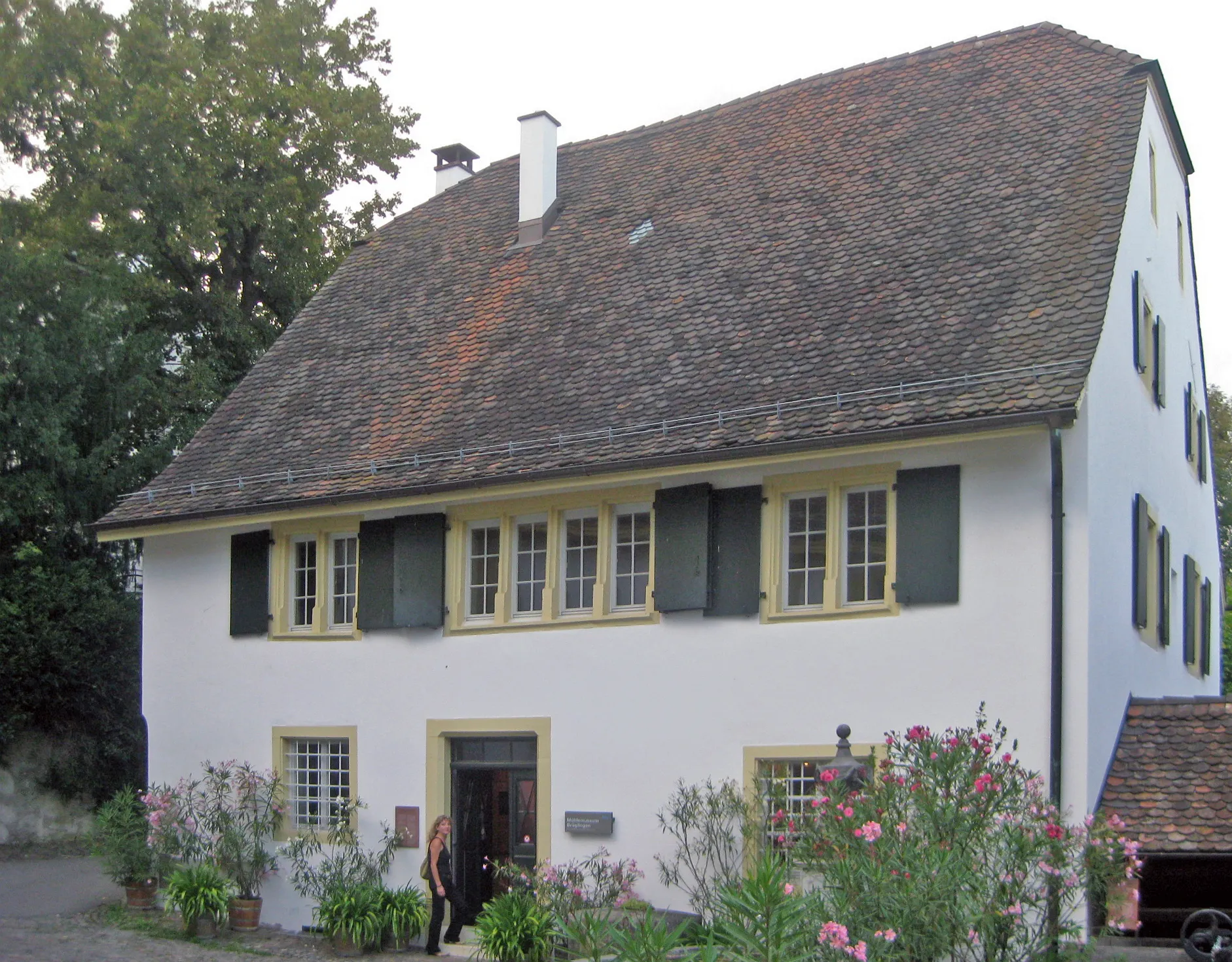 Widok z zewnątrz na Mühlemuseum Brüglingen, biały budynek ze stromym dachem krytym dachówką, zielonymi okiennicami i krzewami róż przy wejściu.