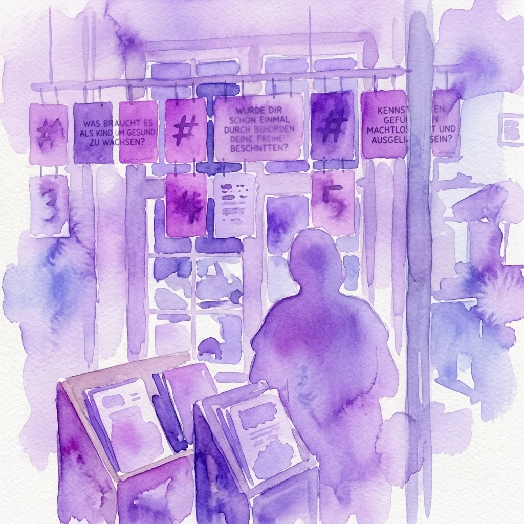 Fioletowa ilustracja akwarelowa przedstawiająca zwiedzającego oglądającego wystawę z wiszącymi tablicami zadającymi pytania o wolność i władzę, obok dokumentów umieszczonych na stojakach.