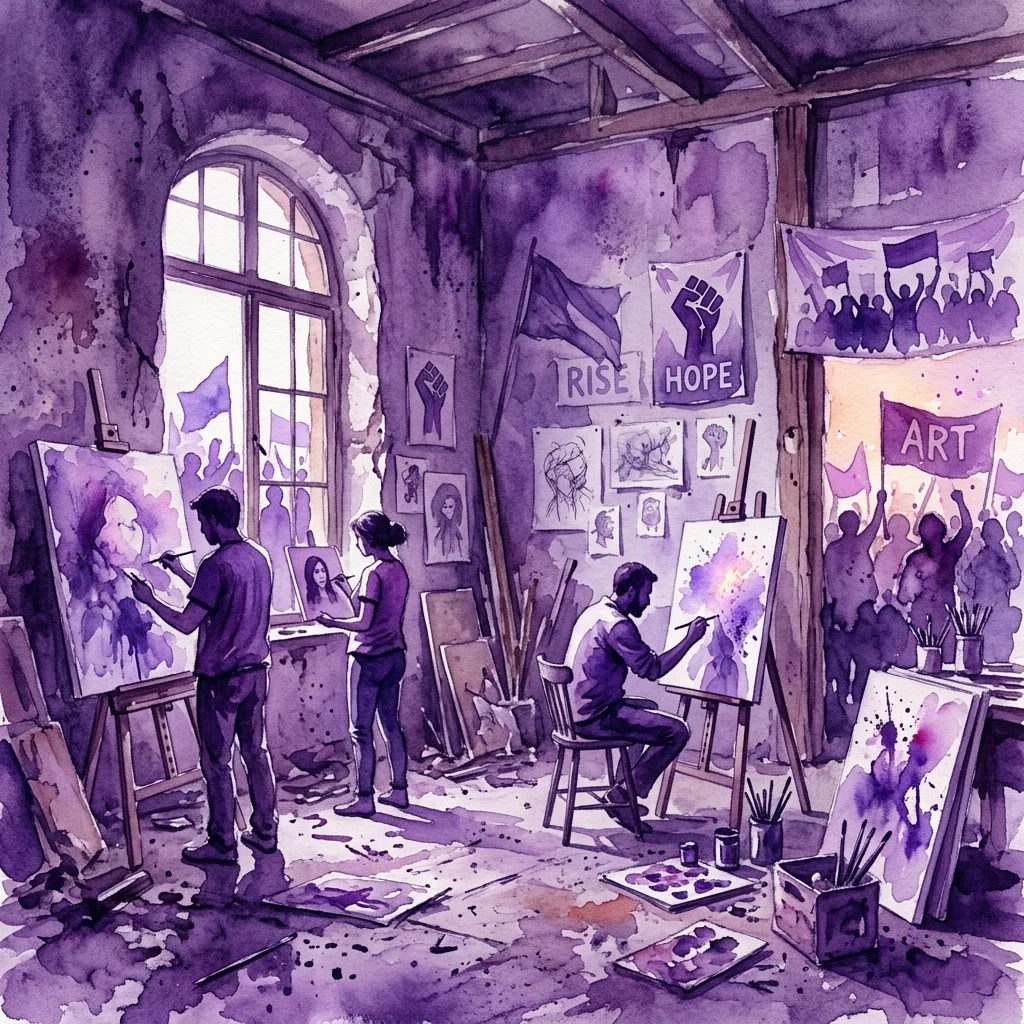 Artyści malujący w słabo oświetlonym studiu z banerami "RISE HOPE" i "ART", symbolizującymi artystyczny opór w czasie wstrząsów społecznych.
