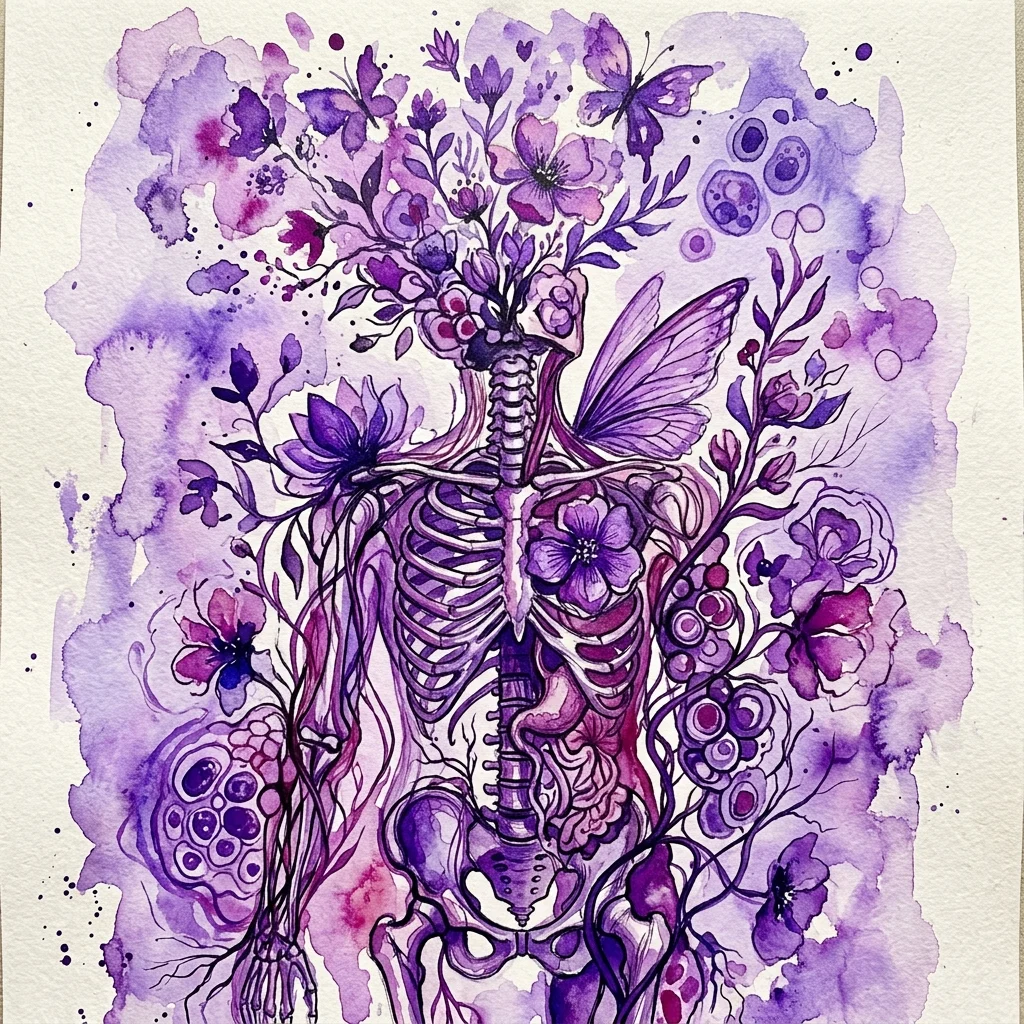 Een surrealistisch paars aquarel kunstwerk dat een menselijk skelet voorstelt, verstrengeld met bloemen, vlinders en cellulaire vormen, oproepend thema's van metamorfose en de art brut stijl.