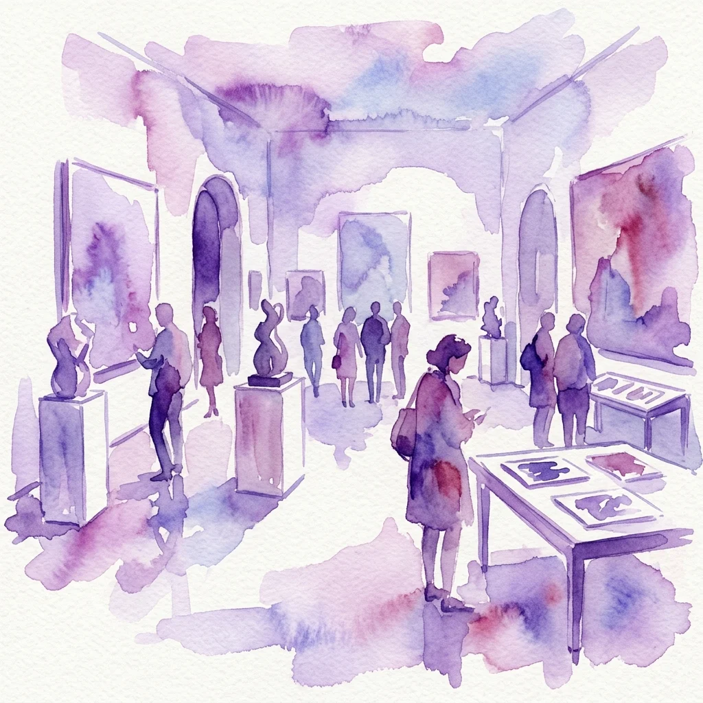 Waterverfillustratie van een museumgalerij met bezoekers die kunstwerken, beelden en schilderijen bekijken in een paars en blauw kleurenpalet.