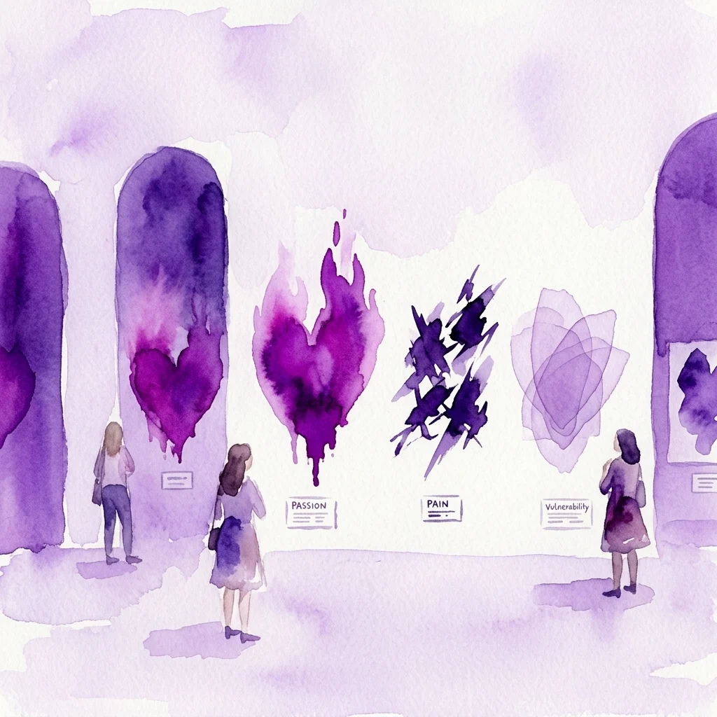 Waterverfillustratie van bezoekers die een kunstexpositie met de titel 'Dangerous Love' bekijken in Museum Montanelli, met abstracte paarse kunstwerken met de labels 'Passion', 'Pain' en 'Vulnerability' op witte muren.