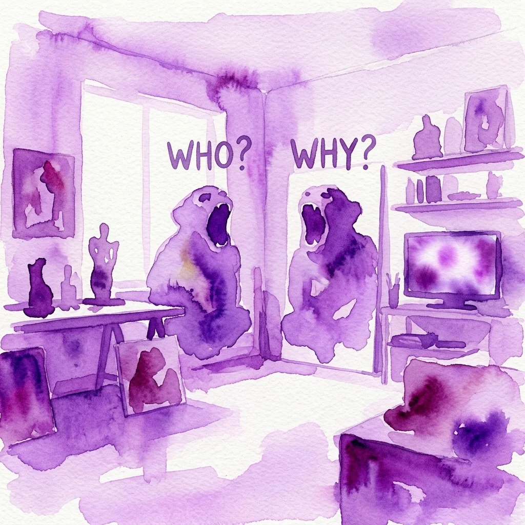 Een paarse aquarelillustratie van een kunstenaarsatelier met twee grote berenfiguren die schreeuwen, omringd door sculpturen, schilderijen en een tv die abstracte beelden toont, met de woorden "WHO?" en "WHY?" erboven.
