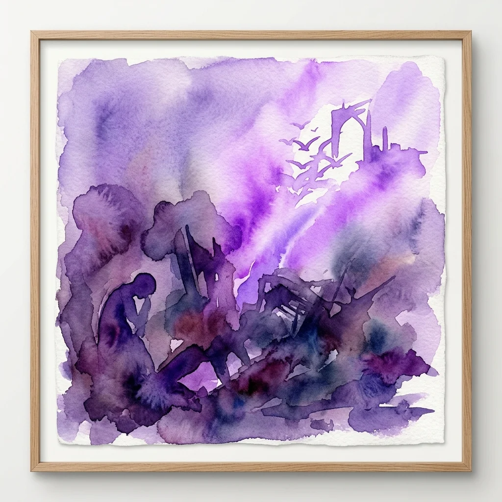 Een ingelijst aquarelkunstwerk in paars- en blauwtinten, met abstracte figuren en een verwoeste boog, dat thema's van hoop en wanhoop oproept uit de tentoonstelling 'Dromen en Nachtmerries'.