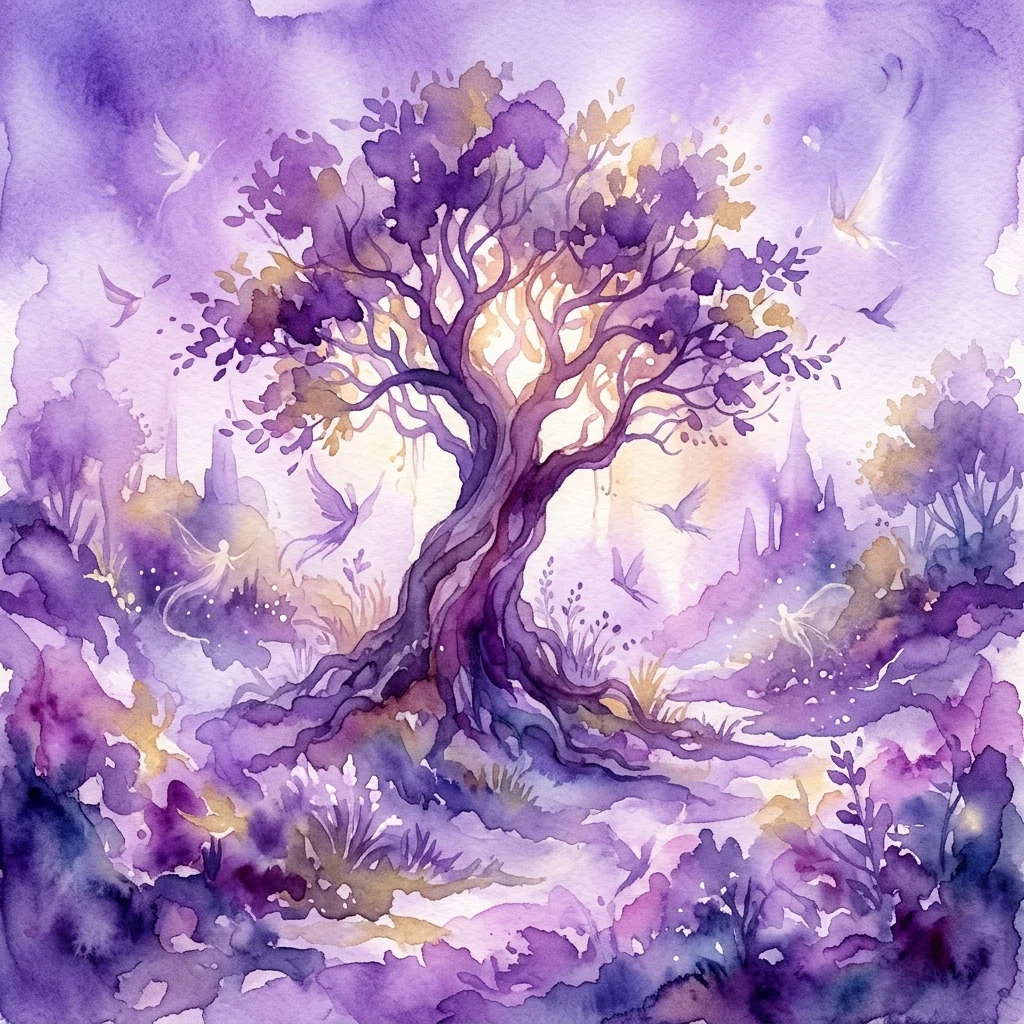 Een mysterieus aquarel van een grote boom met gloeiend licht in het centrum, omringd door etherische vogels en een paars getint landschap, wat een heilige tuinsfeer oproept.