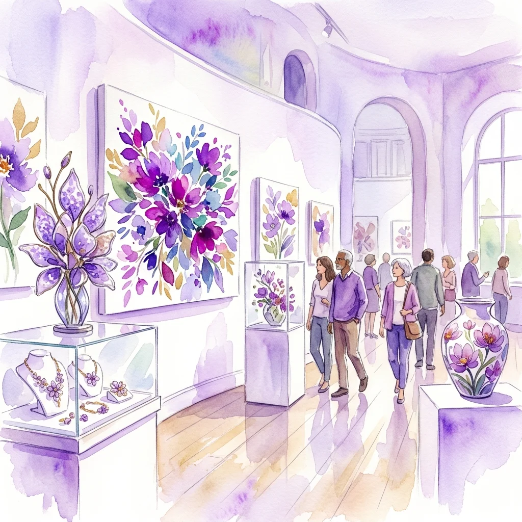 Una ilustración en acuarela de la exposición Floralia en el Museo Montanelli, que presenta obras de arte florales, esculturas y joyas expuestas en una galería con visitantes observando las piezas.