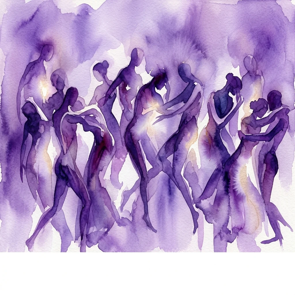Een aquarel met gestileerde menselijke figuren in beweging, weergegeven in paars en wit met gloeiende accenten, die emotionele intensiteit en beweging oproepen.
