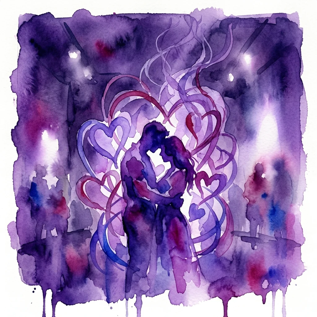 Una acuarela que representa dos figuras silueteadas abrazándose, rodeadas de formas arremolinadas de corazones púrpuras y rojos, evocando el tema del amor intenso y potencialmente peligroso.