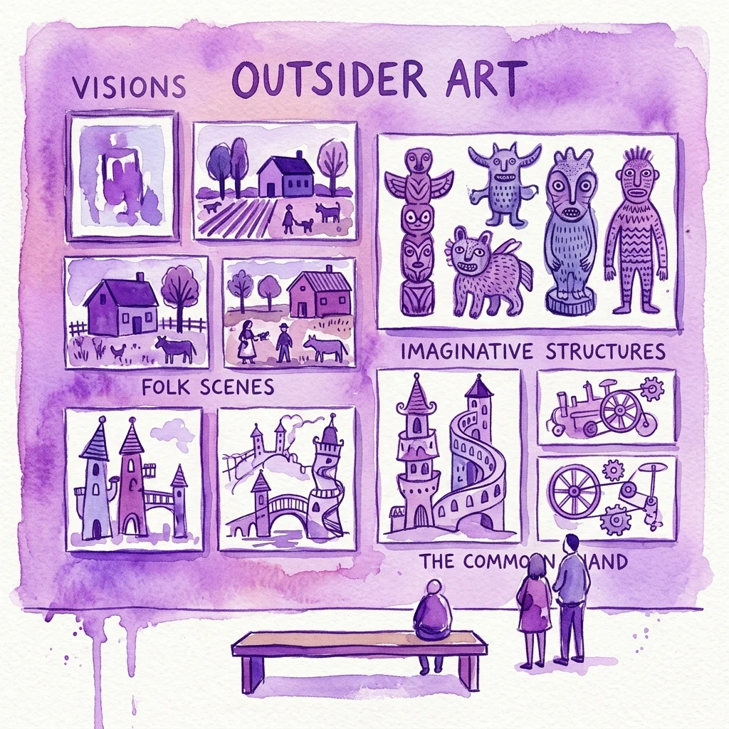 Ilustracja wystawy sztuki zatytułowanej 'Outsider Art', prezentującej różnorodne dzieła, w tym sceny ludowe, wyobrażone konstrukcje i wizjonerskie rysunki, z odwiedzającymi oglądającymi ekspozycję.