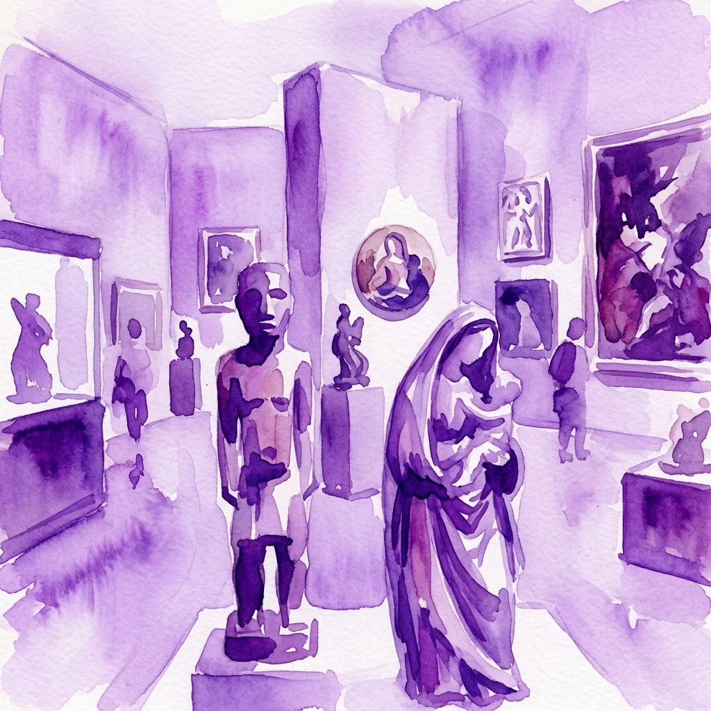 Een aquarelillustratie van een museumgalerij met diverse kunstwerken, waaronder een Nigeriaanse sculptuur en een christelijke Madonna, die culturele en historische contrasten belicht in de tentoonstelling La Grande Bellezza.