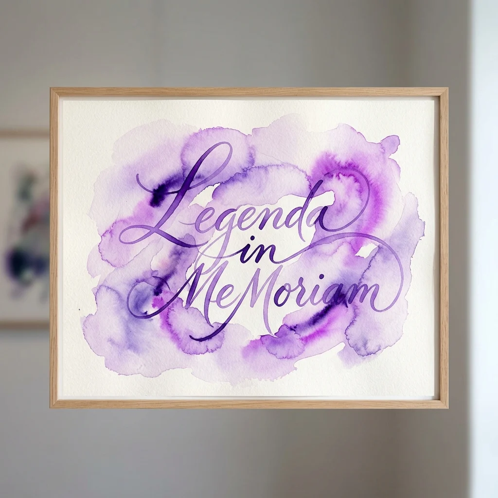 Obra de arte enmarcada con el texto 'Legenda in MeMoriam' en caligrafía elegante sobre un fondo de acuarela morada, expuesta en la pared de una galería.