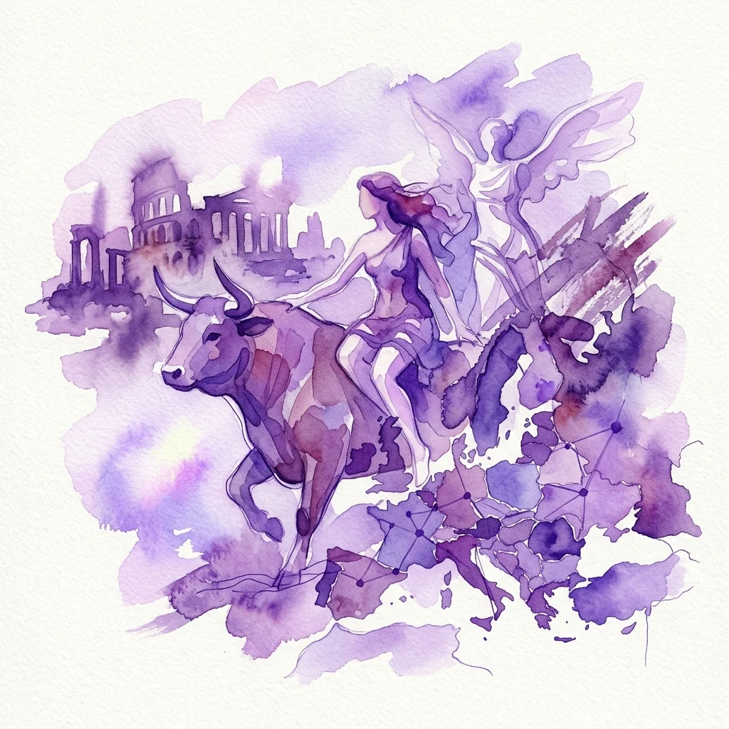 Een paars aquarel dat een mythologisch figuur afbeeldt die op een stier rijdt, met oude ruïnes en abstracte symbolische elementen, ter representatie van de 'Mythos Europa'-tentoonstelling van kunstenaar ANTOINETTE.