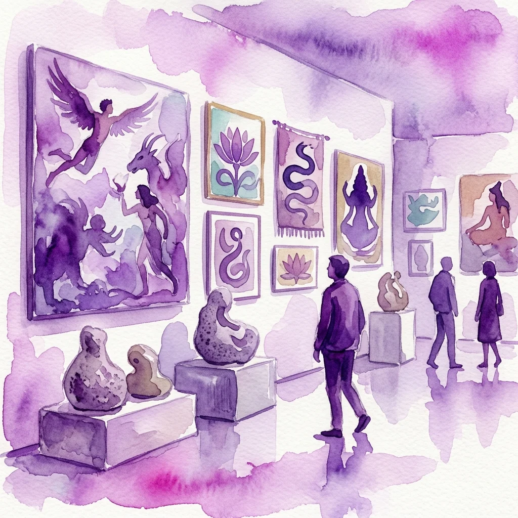 Waterverfillustratie van een museumgalerie met op mythen geïnspireerde kunstwerken, waaronder schilderijen van gevleugelde figuren en symbolische objecten, met bezoekers die de tentoonstelling bekijken.