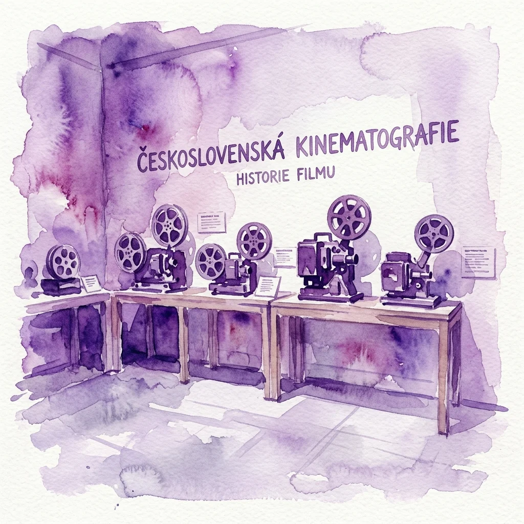 Waterverfillustratie van vintage filmprojectoren en -spoelen tentoongesteld in een museumexpositie, met de tekst 'ČESKOSLOVENSKÁ KINEMATOGRAFIE HISTORIE FILMU' erboven, die de geschiedenis van de Tsjechoslowaakse cinematografie vertegenwoordigt.