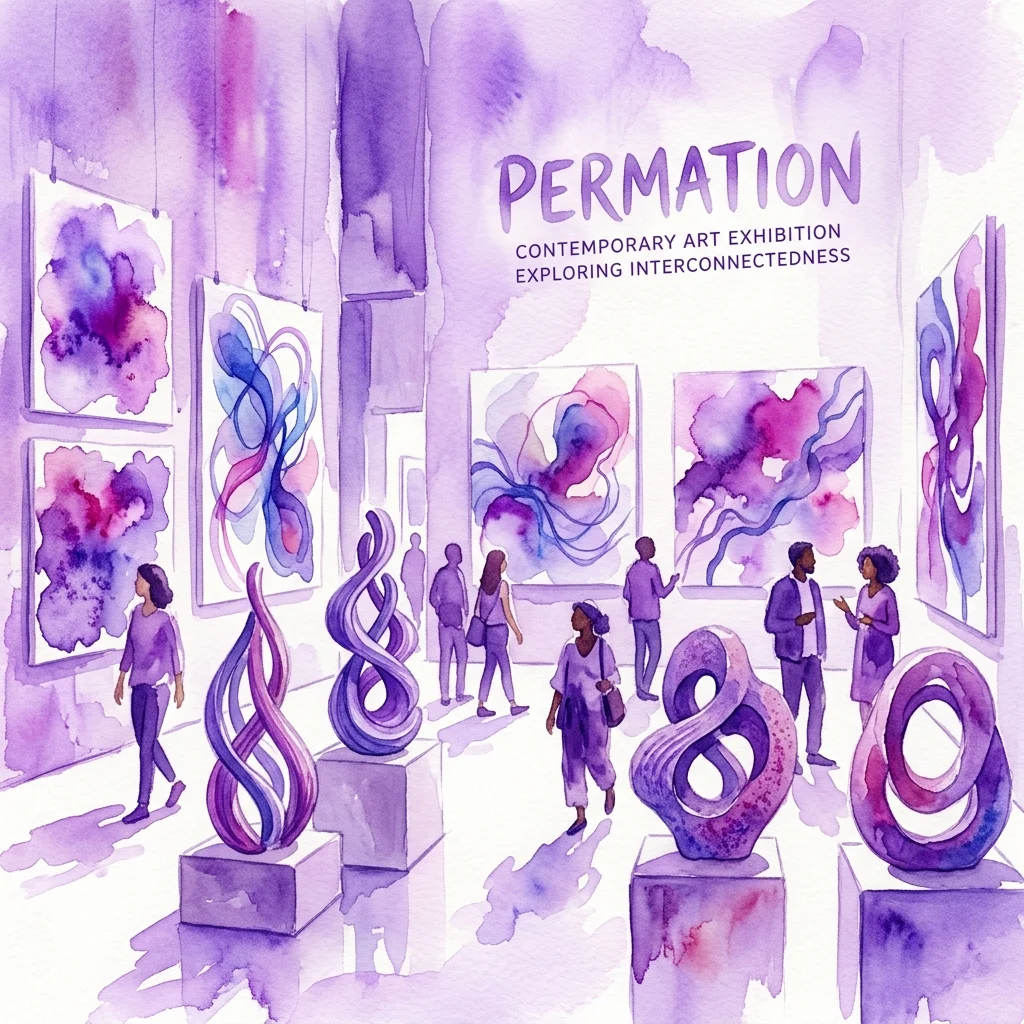 Ilustración en acuarela de la exposición de arte contemporáneo 'Permation', con esculturas y pinturas abstractas en tonos púrpuras, y visitantes explorando el espacio de la galería.