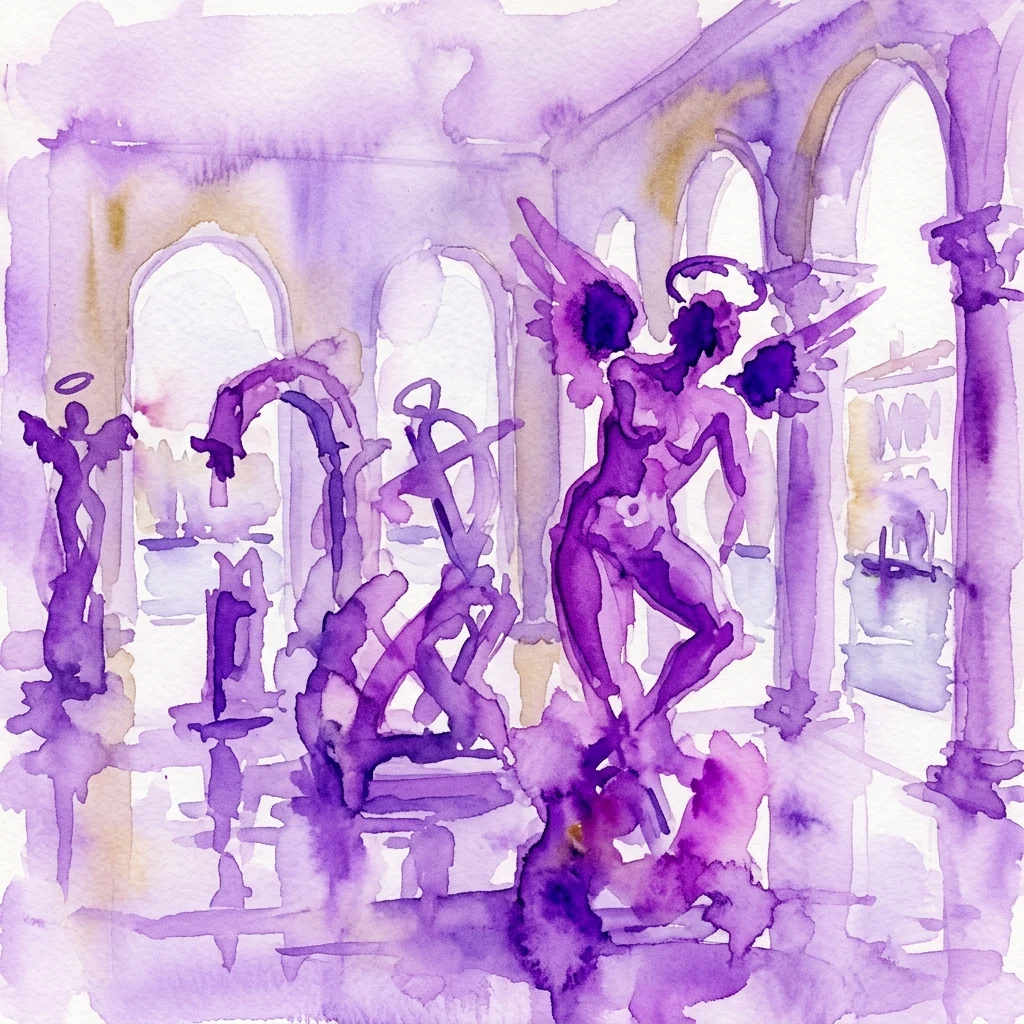 Aquarel van sculpturale installaties met engelachtige figuren en vervormde vormen in een klassiek Venetiaans paleis, onderdeel van Daniel Pešta's 'Personal Structures' tentoonstelling in Palazzo Bembo tijdens de Biënnale van Venetië.