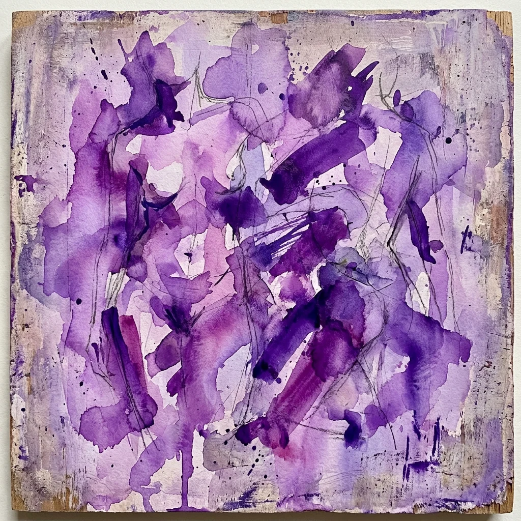 Obra de arte abstracta de Pavel Roučka que presenta expresivos lavados de acuarela púrpura y lavanda sobre un panel industrial texturizado, con formas audaces y texturas en capas que sugieren tensión entre el minimalismo y la acción expresiva.