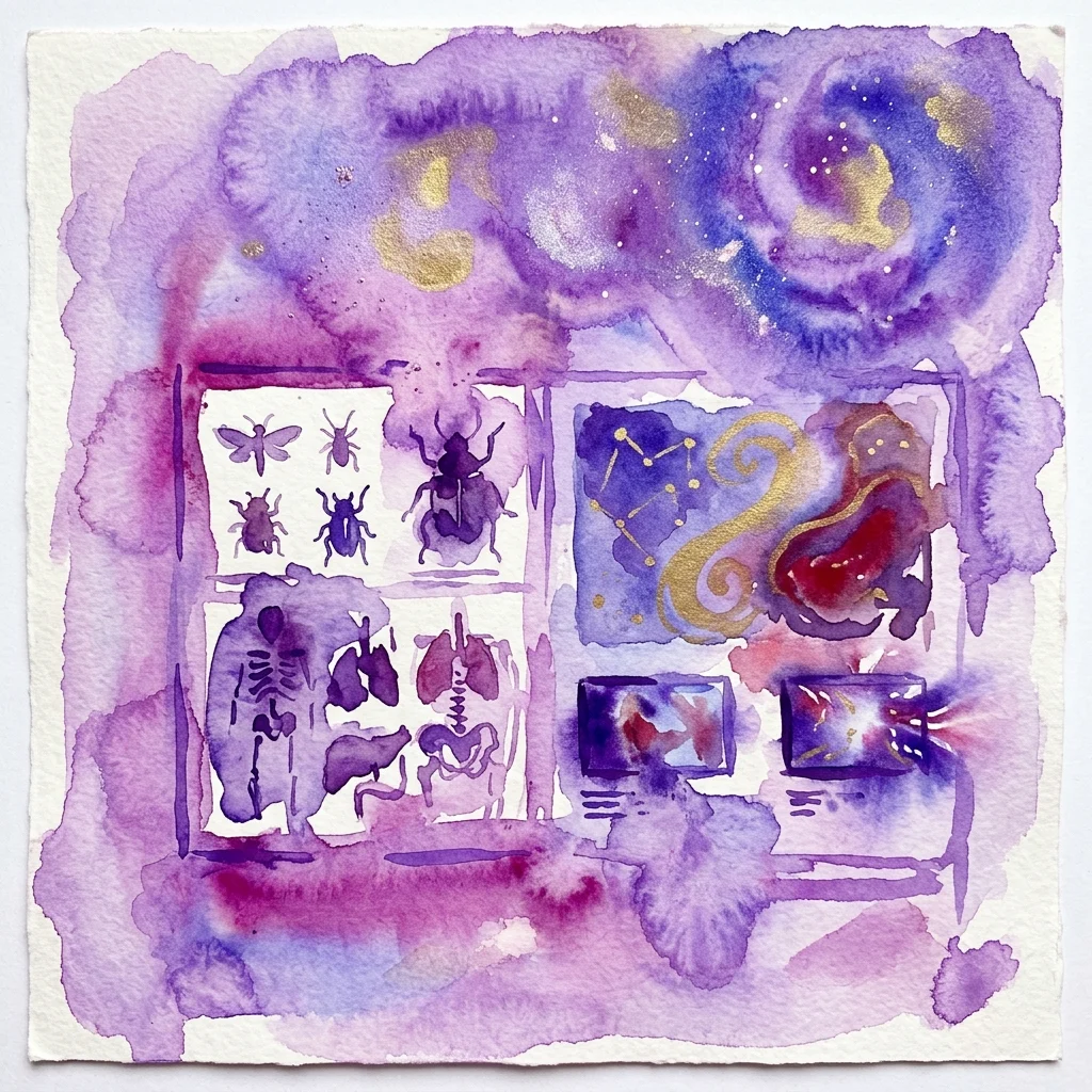 Een aquarel die een rariteitenkabinet voorstelt met opgezette insecten, anatomische modellen en kosmische beelden, waarbij wetenschap en kunst worden vermengd in een paars-gouden palet.