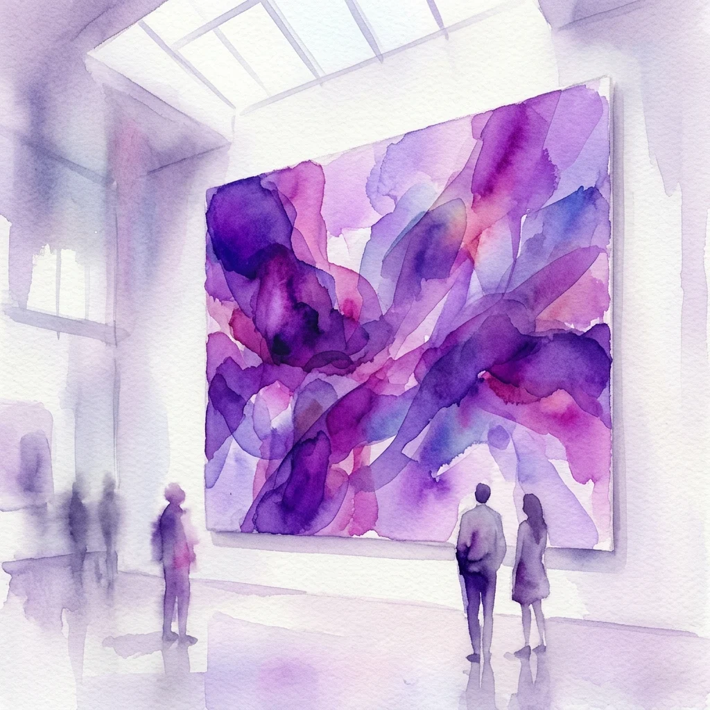 Una gran pintura abstracta de acuarela en tonos púrpuras y rosados, exhibida en una galería de arte moderna, con visitantes observando la obra de arte bajo la luz natural de una claraboya.