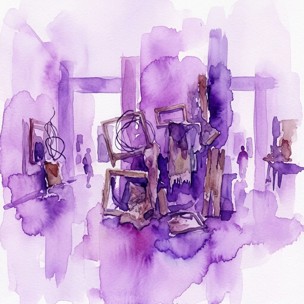 Obra de arte abstracta en acuarela en tonos púrpuras que representa una instalación de objetos y figuras enmarcados, que representan la serie 'Self-portrait V.' de Bedřich Dlouhý en el Museo Montanelli.