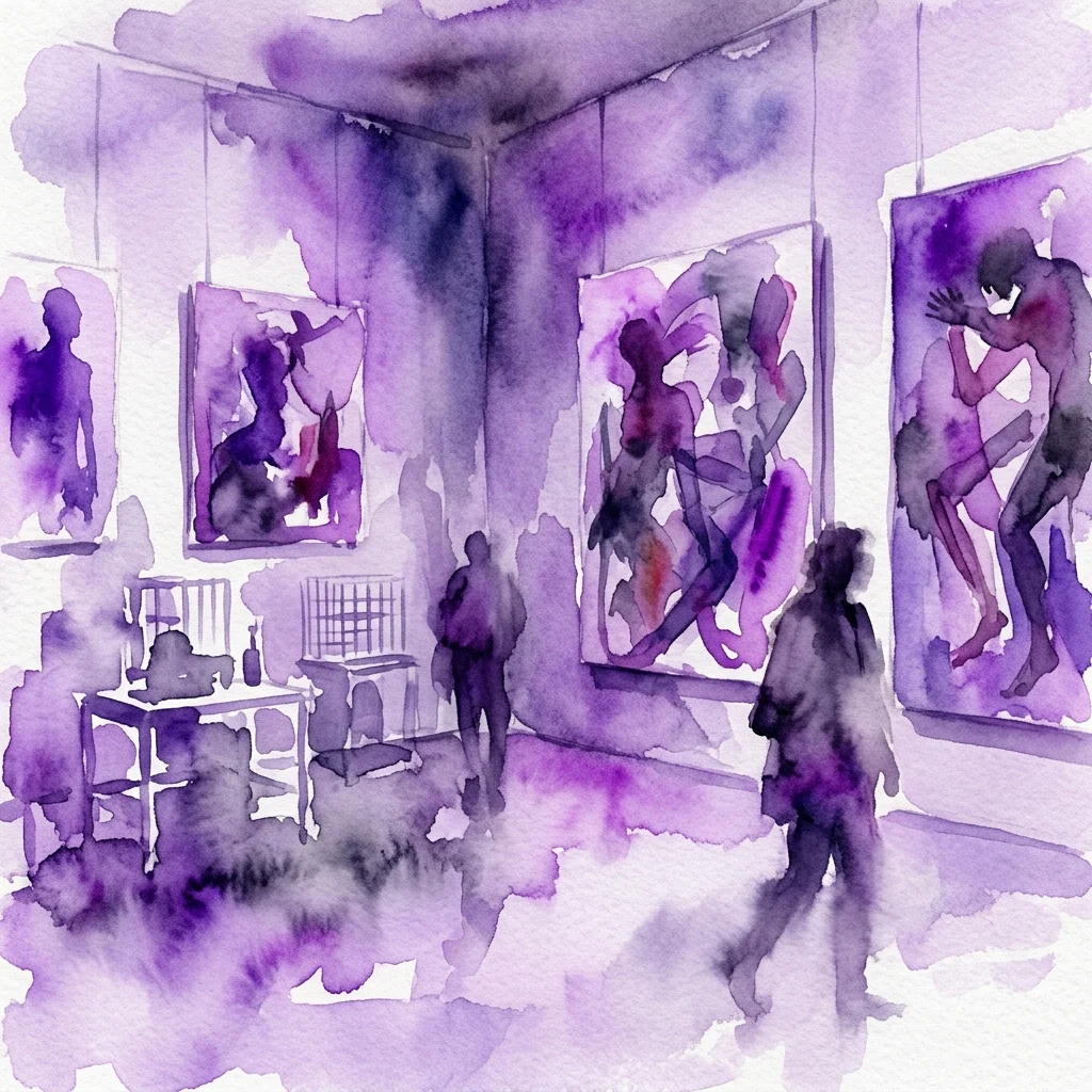 Watercolor illustration of an art gallery with purple-hued paintings depicting distorted human figures, visitors observing the artwork, and a medical table, evoking a theme of psychological darkness.