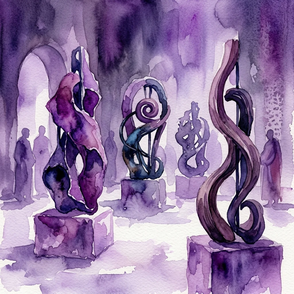 Abstract sculptures in purple and blue watercolor, featuring swirling forms made of leather, iron, and wood, evoking a ceremonial and mysterious atmosphere in an exhibition space.
