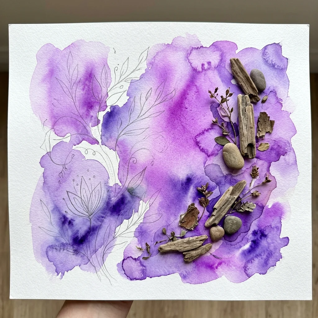 Obra de arte con fondo de acuarela morada, ilustraciones botánicas dibujadas a lápiz y elementos naturales como madera a la deriva, piedras y plantas secas dispuestas en un ensamblaje.