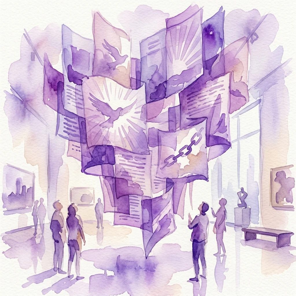 Ilustracja akwarelowa galerii muzealnej z dużą abstrakcyjną instalacją artystyczną Václava Bláhy, gdzie zwiedzający obserwują zawieszone, papierowe formy przedstawiające gołębie, łańcuchy i tekst, wywołując tematy wolności i refleksji.