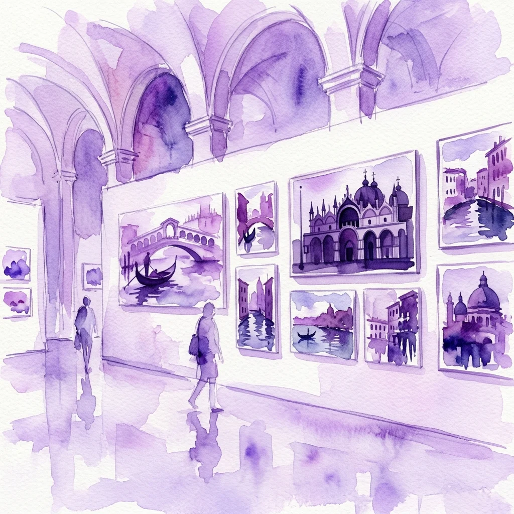 Ilustracja akwarelowa galerii muzealnej z pracami w odcieniach fioletu przedstawiającymi Wenecję, w tym Most Rialto i Bazylikę Świętego Marka, z odwiedzającymi spacerującymi wzdłuż ściany wystawowej.