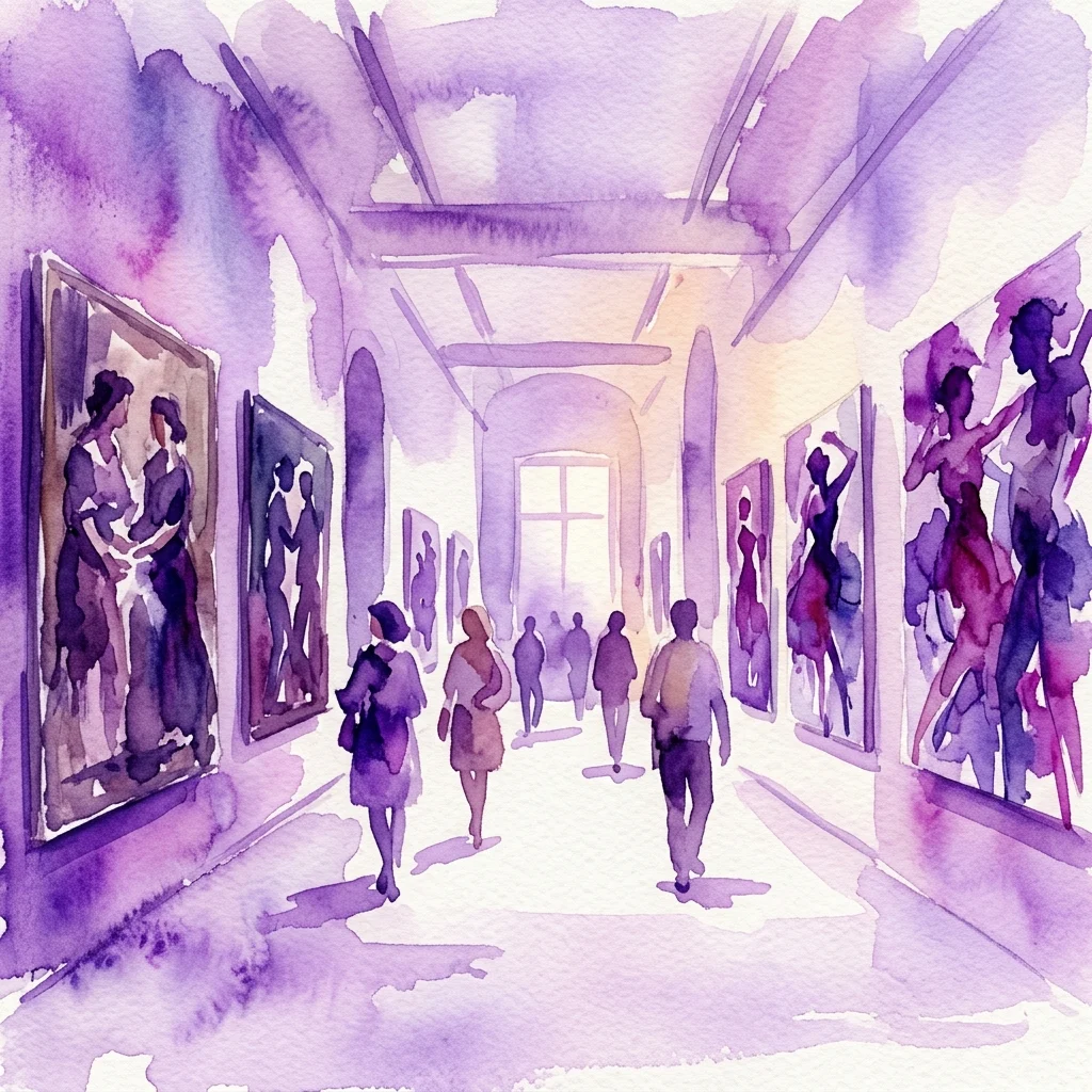 Ilustracja akwarelowa korytarza galerii z odwiedzającymi oglądającymi obrazy figuratywne na ścianach, wykonana w odcieniach fioletu i lawendy.