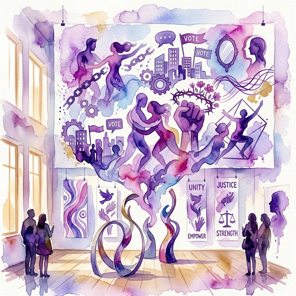 Una exhibición estilo acuarela que presenta figuras abstractas, símbolos de voto, unidad, justicia y empoderamiento, y siluetas de visitantes en un espacio de galería, representando la exposición de arte feminista 'Wo-man power'.