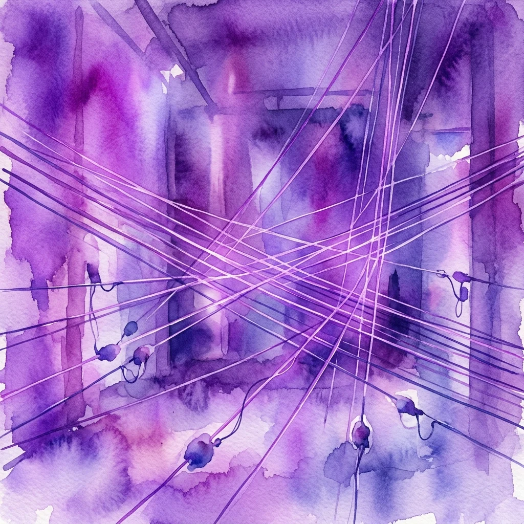 Een interdisciplinaire kunstinstallatie met de titel 'Between Strings', waarbij gespannen snaren door een ruimte lopen, worden versterkt door contactmicrofoons en verlicht met paarse verlichting om een ruimtelijke geluidservaring te creëren.